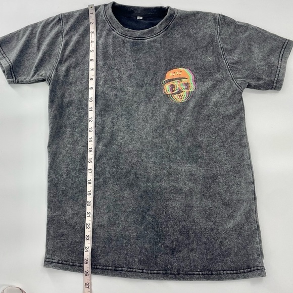 Grey Neon Graphic T-shirt Men S Black Acid Wash Short Sleeve Music 90s hip hop - Picture 4 of 6